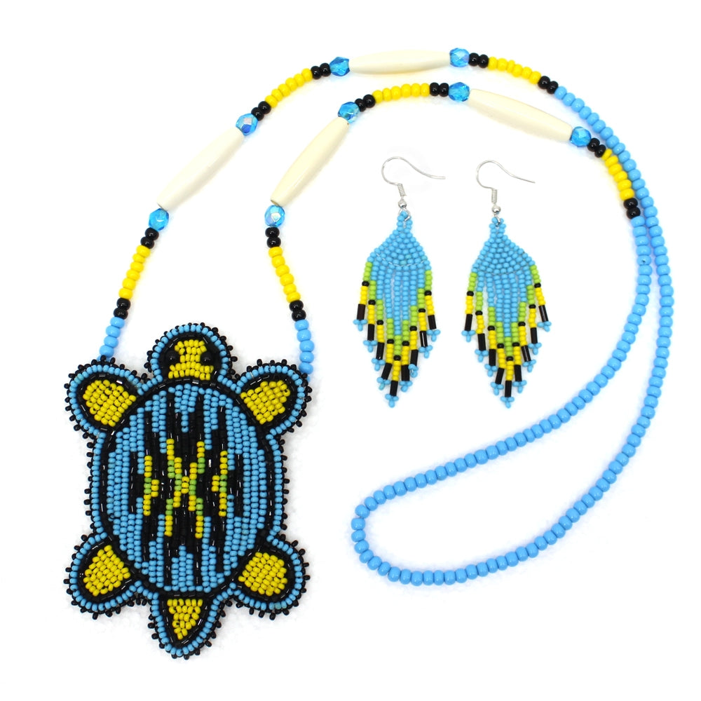 Handmade Beaded Turtle Shape Deep Blue Delica Necklace Earrings Set - Welcome Native