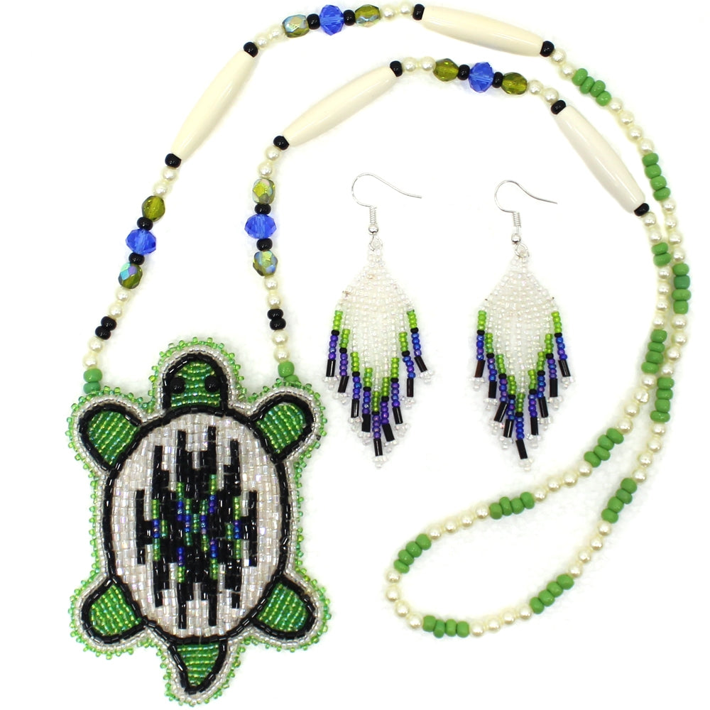Handmade Beaded Turtle Shape Deep Blue Delica Necklace Earrings Set - Welcome Native