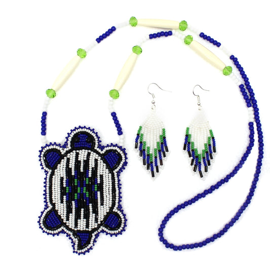 Handmade Beaded Turtle Shape Deep Blue Delica Necklace Earrings Set - Welcome Native