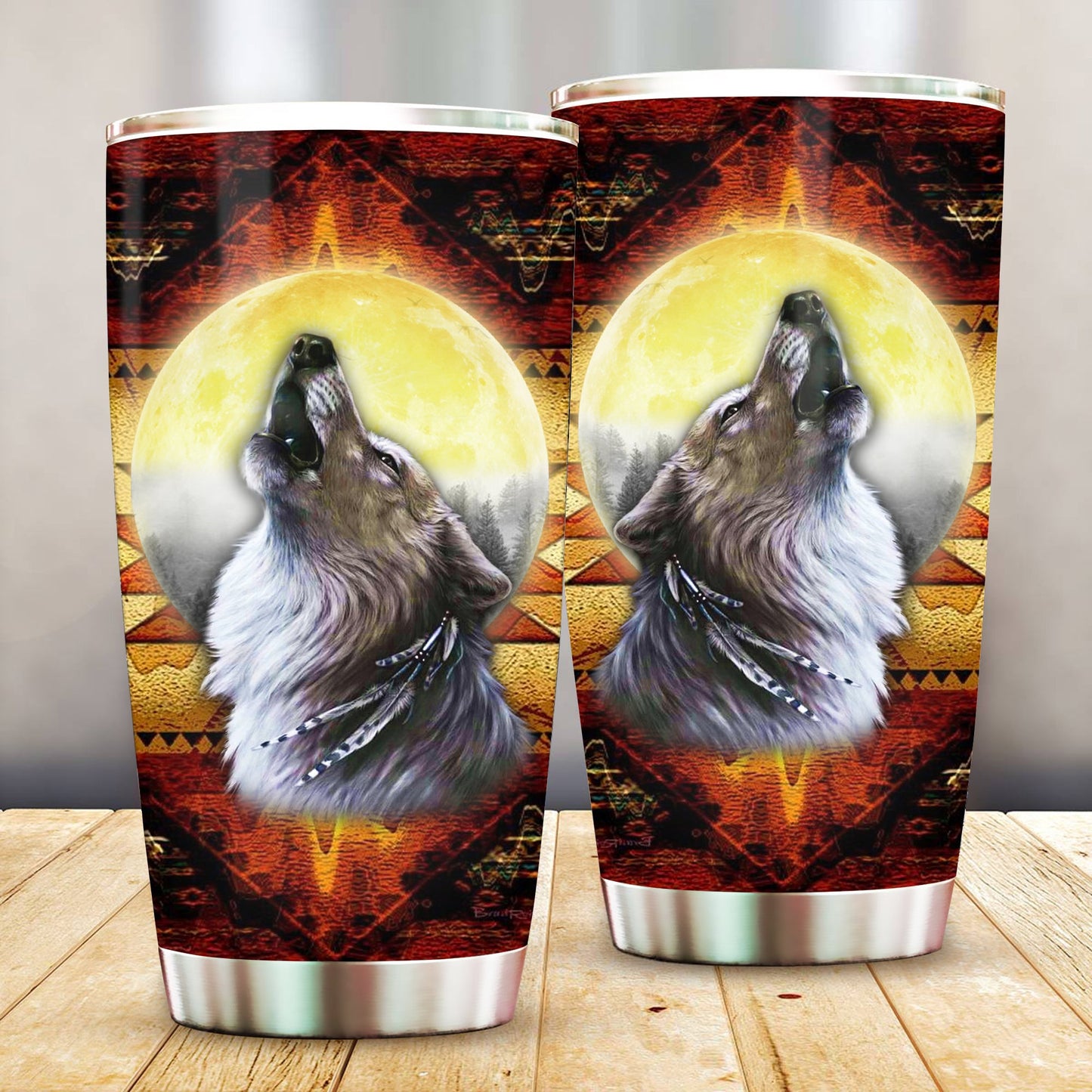 WelcomeNative Native Wolf Pattern Tumbler, 3D Tumbler, All Over Print Tumbler, Native American