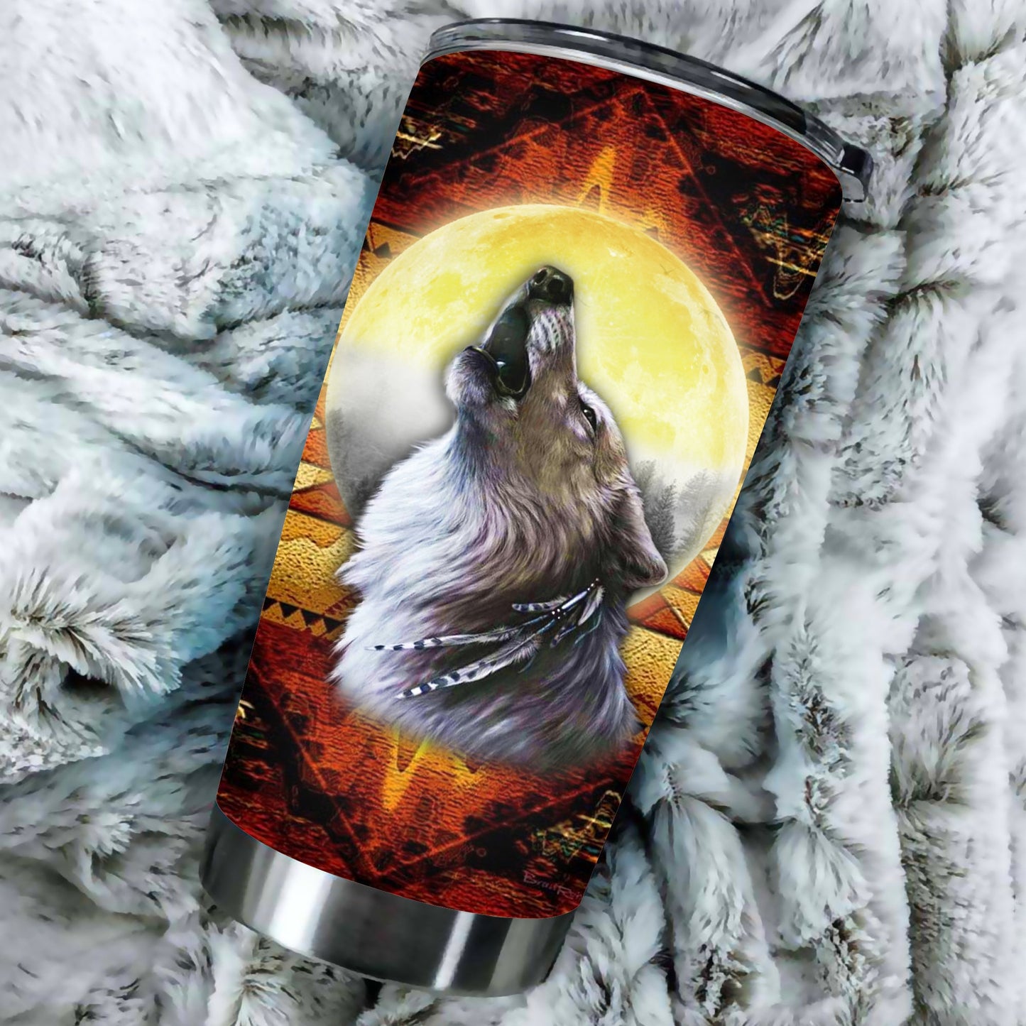 WelcomeNative Native Wolf Pattern Tumbler, 3D Tumbler, All Over Print Tumbler, Native American