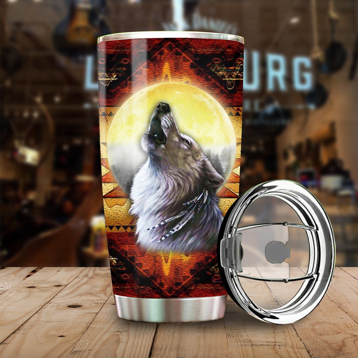 WelcomeNative Native Wolf Pattern Tumbler, 3D Tumbler, All Over Print Tumbler, Native American