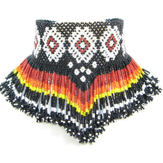 Black Fire Pattern Beaded Bib Necklace Medicine Man'S Eye Beadwork - Welcome Native