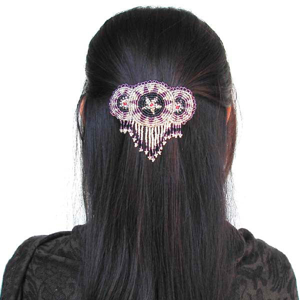 Beaded Barrette French Clip Black Rossette Fringe Beadwork - Beaded Hair Accessories - Welcome Native