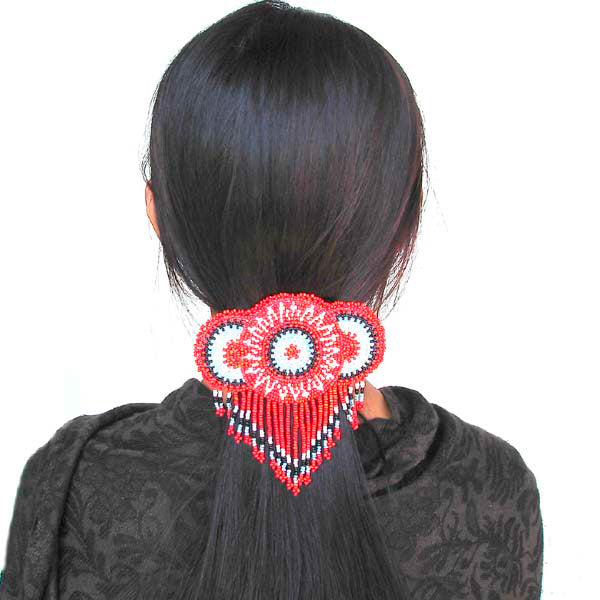 Beaded Barrette French Clip Red Rossette Fringe Beadwork - Beaded Hair Accessories - Welcome Native