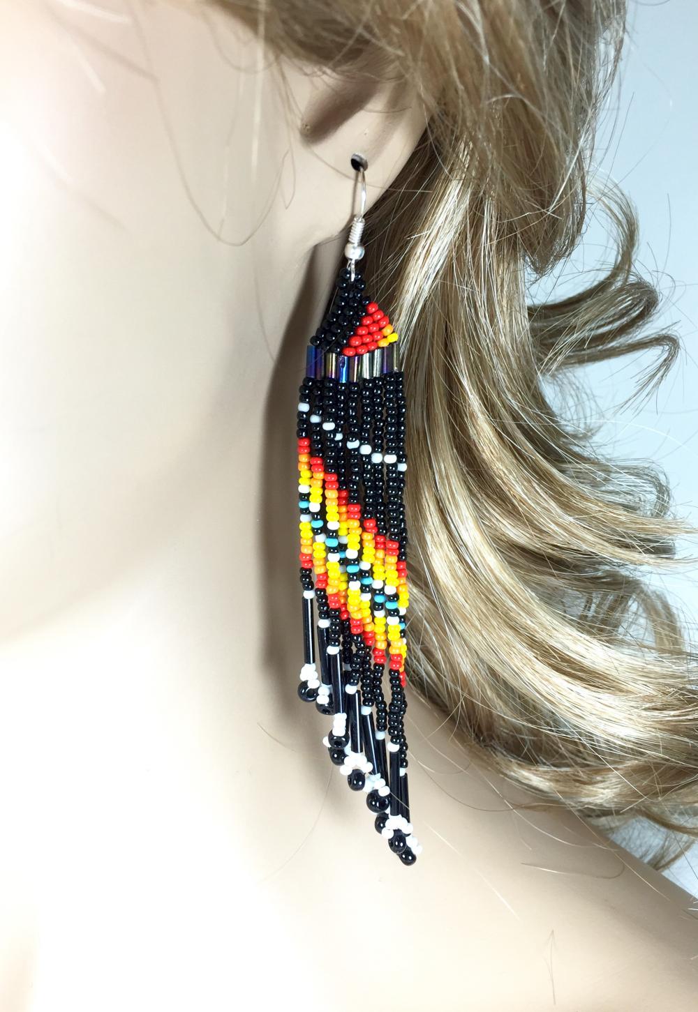 Black Multicolored Handmade Beaded Chandelier Earrings- Welcome Native