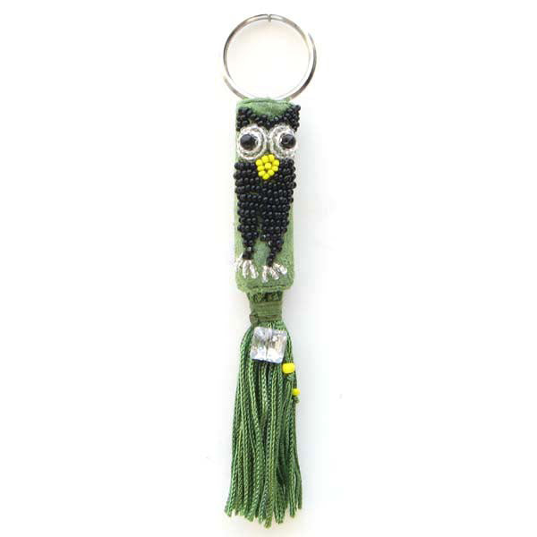 Black Owl Beadwork Seed Beaded Key Ring Charm Leather Handmade - Welcome Native