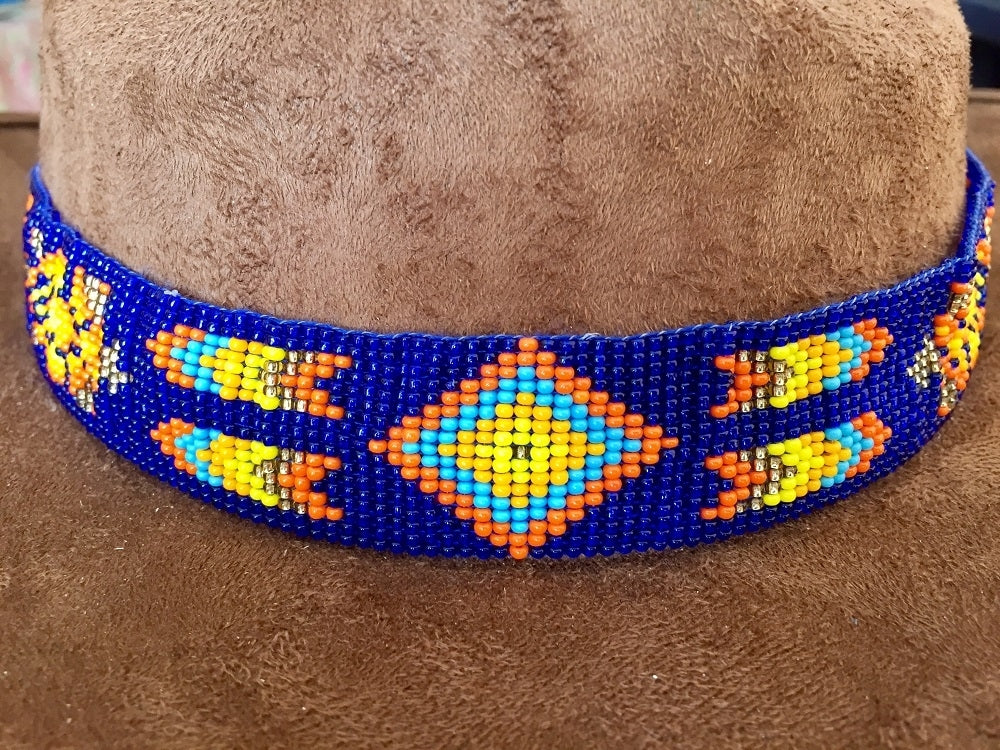 Blue Orange Bead Work Beaded Cowboy Hat Band Belt - Welcome Native