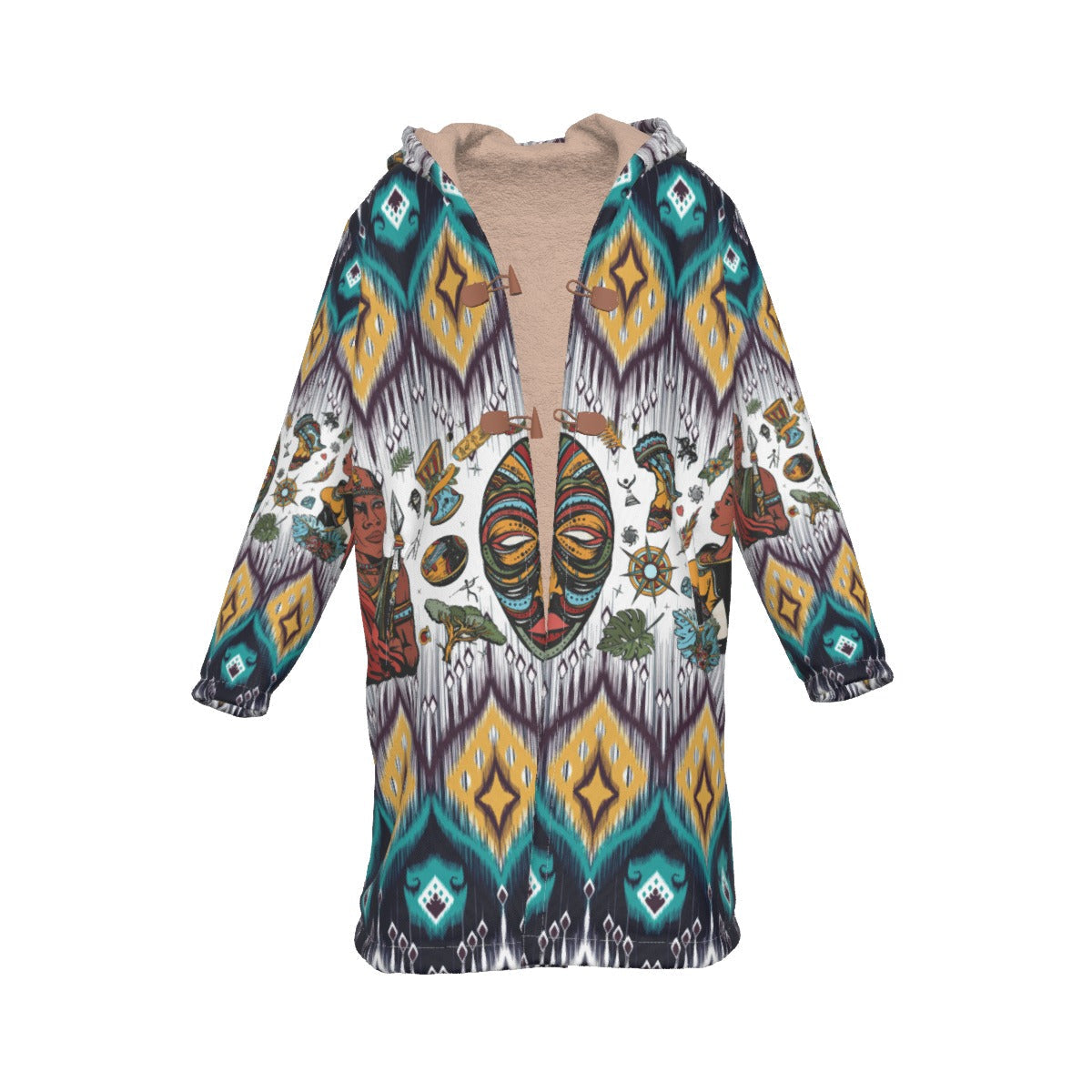 WelcomeNative Native American Horn Button Long Fleece Windbreaker, 3D Long Coat, All Over Print