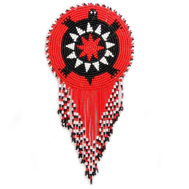 Beaded Barrette French Clip Red Turtle Medallion With Fringe - Beaded Hair Accessories - Welcome Native