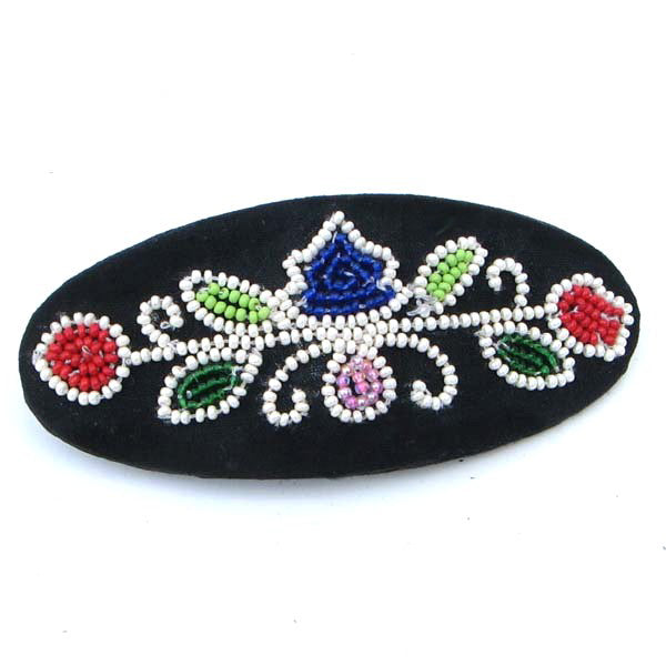 Beaded Barrette French Clip Black White Flowers Beadwork Oval - Beaded Hair Accessories - Welcome Native