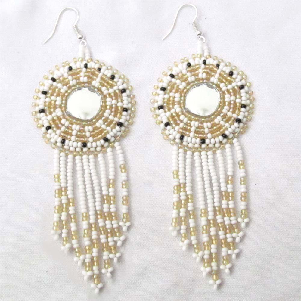 Big White Round Earrings With Mirror And Fringe- Welcome Native