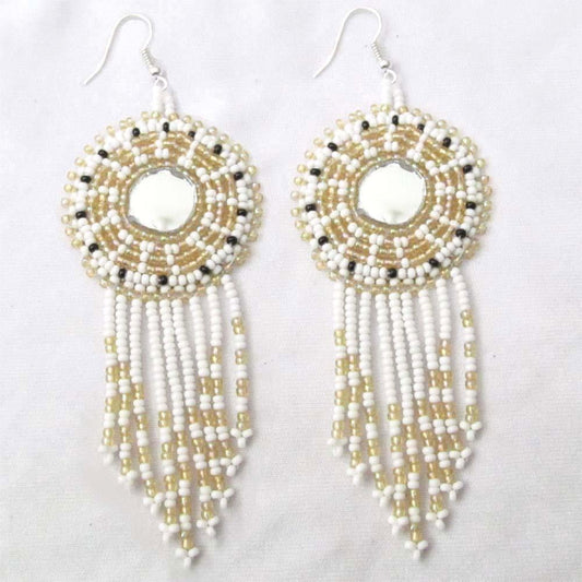 Big White Round Earrings With Mirror And Fringe- Welcome Native