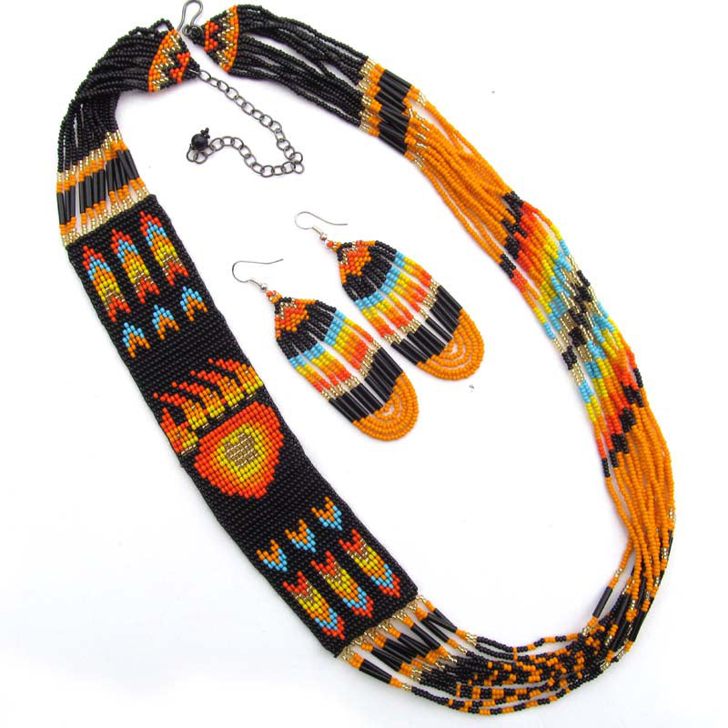 Black Fire Seed Beaded Necklace Earrings Bear Paw Beadwork - Welcome Native