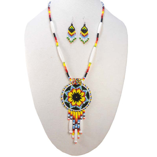 Black Yellow Seed Bead Long Star Medallion Handmade Necklace Earrings Set  - Welcome Native