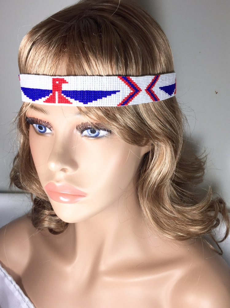 Native Style Patriotic Red Blue White Beaded Hatband - Welcome Native