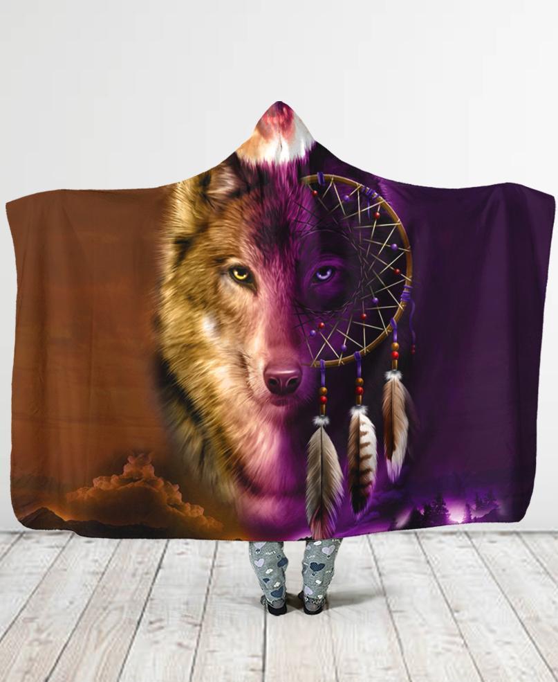 WelcomeNative Wolf Native Hooded Blanket, All Over Print, Native American