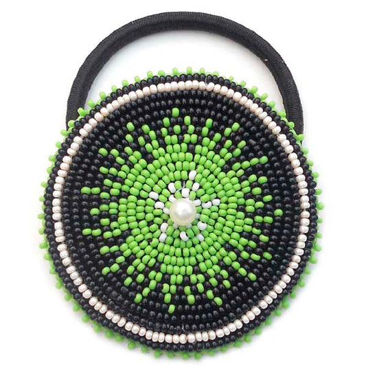 Beaded Ponytail Holder Hair Tie Black Green Medallion Beadwork - Beaded Hair Accessories - Welcome Native