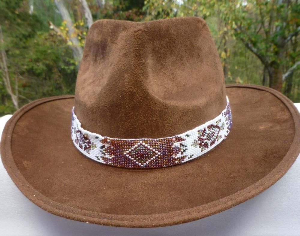 Brown White Seed Beaded Cowboy Turtle Unisex Handmade Hatband - Welcome Native