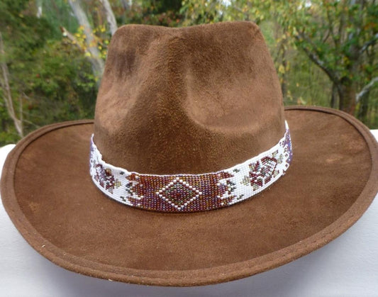 Brown White Seed Beaded Cowboy Turtle Unisex Handmade Hatband - Welcome Native