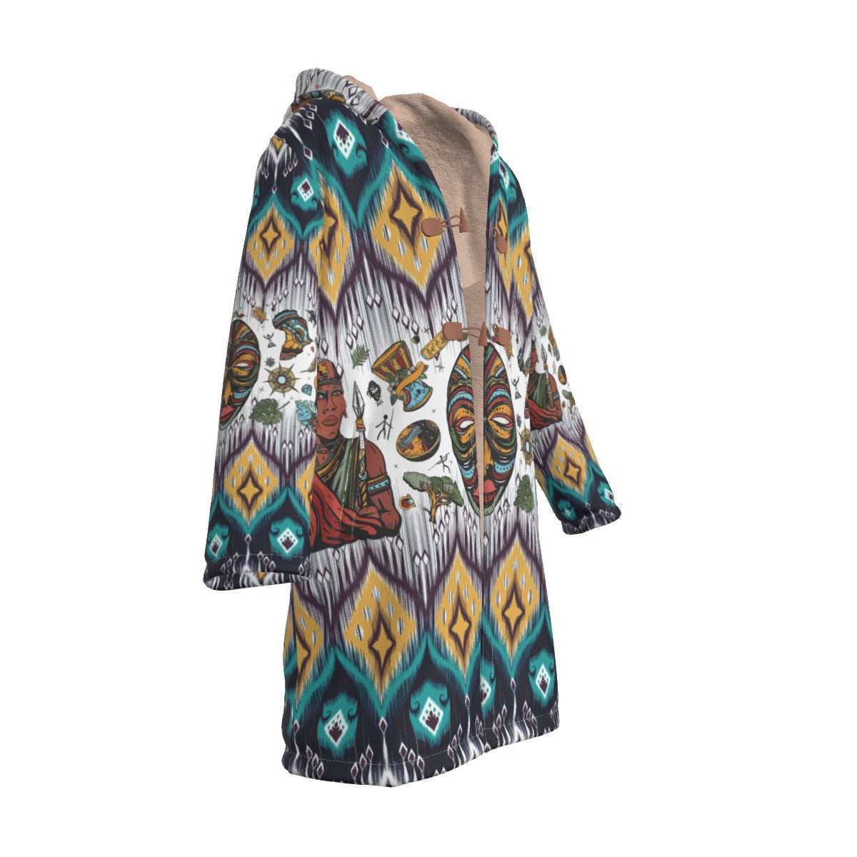 WelcomeNative Native American Horn Button Long Fleece Windbreaker, 3D Long Coat, All Over Print