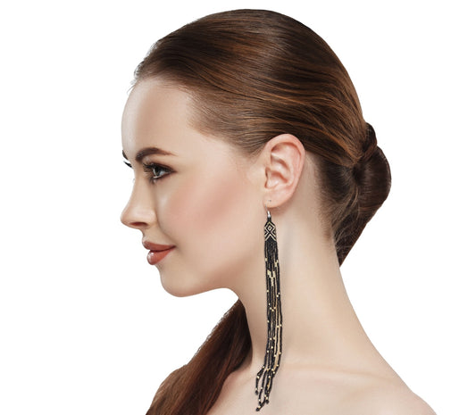 Black Golden Glass Seed Beads Beaded Extra Long Earrings 6 Inch- Welcome Native