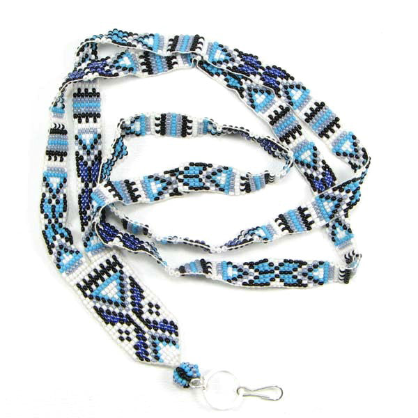 Blue White Black Geometric Art Beaded Lanyard Id Holder Handmade - Welcome Native