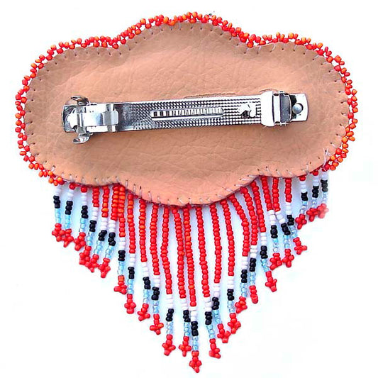 Beaded Barrette French Clip Red Rossette Fringe Beadwork - Beaded Hair Accessories - Welcome Native