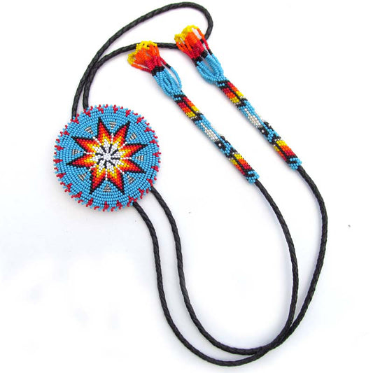 Turquoise Blue Seed Beaded Bolo Tie 3 Inch Handmade Star Beadwork - Welcome Native