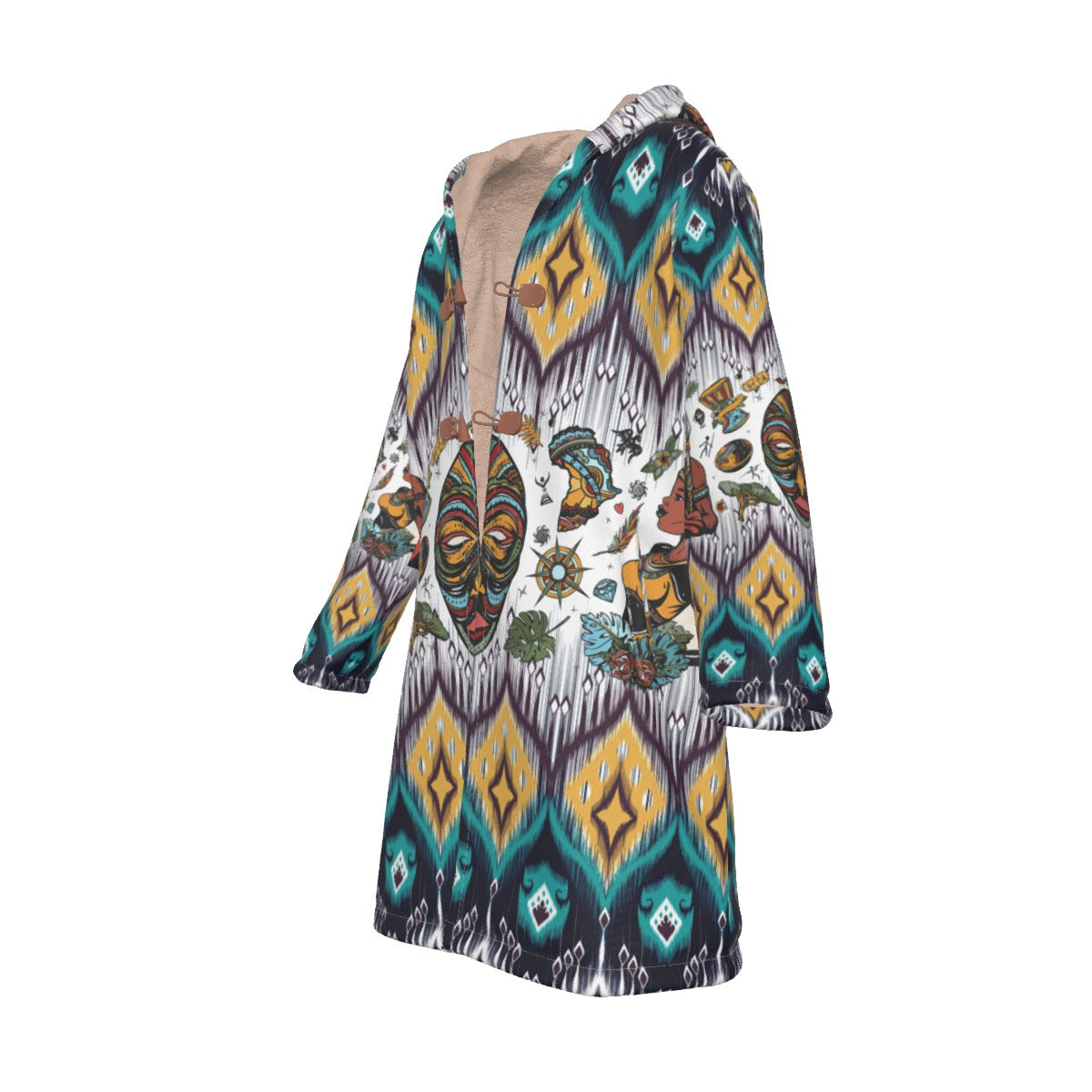 WelcomeNative Native American Horn Button Long Fleece Windbreaker, 3D Long Coat, All Over Print