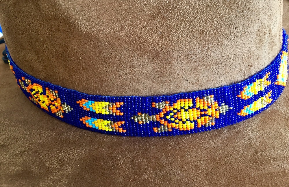 Blue Orange Bead Work Beaded Cowboy Hat Band Belt - Welcome Native