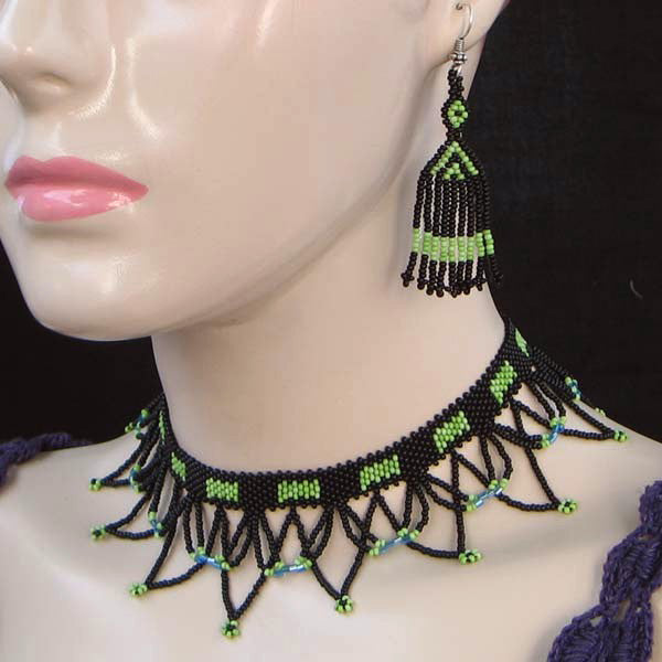 Black Green Egyptian Art Beaded Choker Necklace Earrings - Welcome Native
