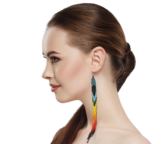 Black Fire Color Glass Seed Beads Beaded Extra Long Earrings 7.5 Inch- Welcome Native