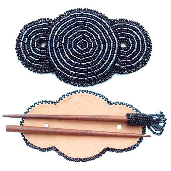 Beaded Barrette Wood Stick Slide Black Silver Rosettes - Beaded Hair Accessories - Welcome Native