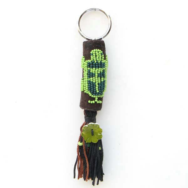 Green Seed Beaded Turtle Beadwork Keyring Charm Leather  - Welcome Native