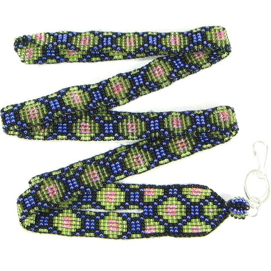 Blue Green Pink Seed Beaded Medicine Man'S Eye Beadwork Lanyard Id Holder - Welcome Native