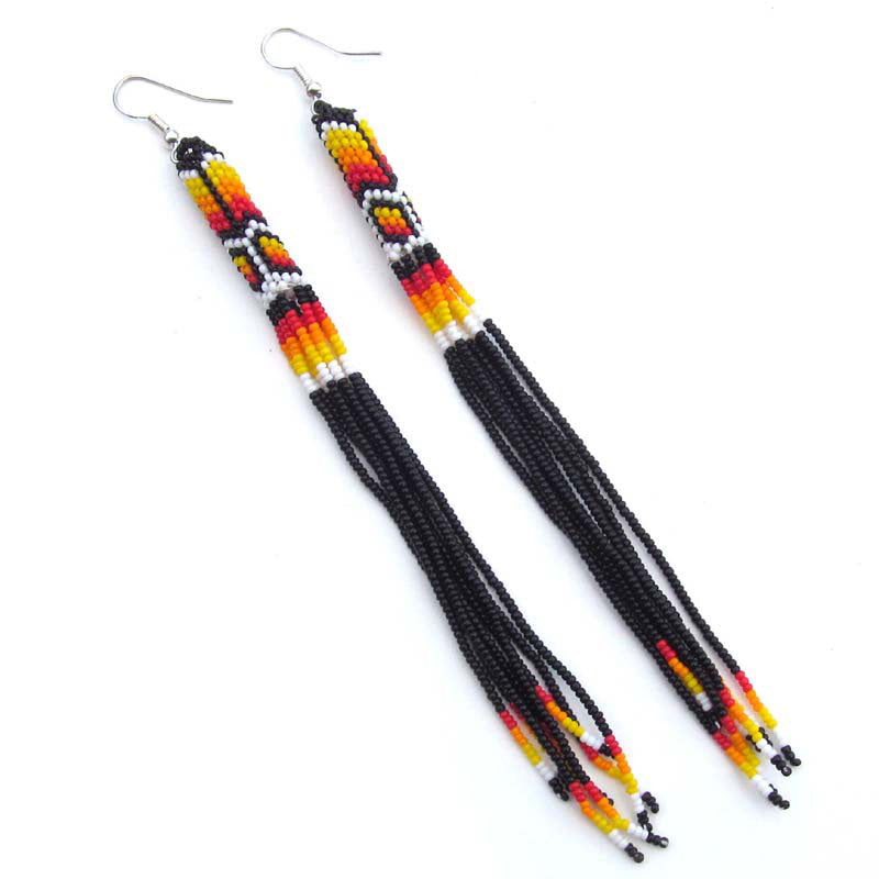 Black Fire Seed Beads Beaded Extra Long Earrings 5.5 Inch Handmade- Welcome Native