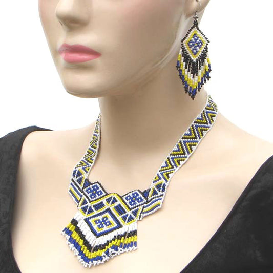 Blue White Yellow Geometric Art Lariat Bib Necklace Earrings - Welcome Native