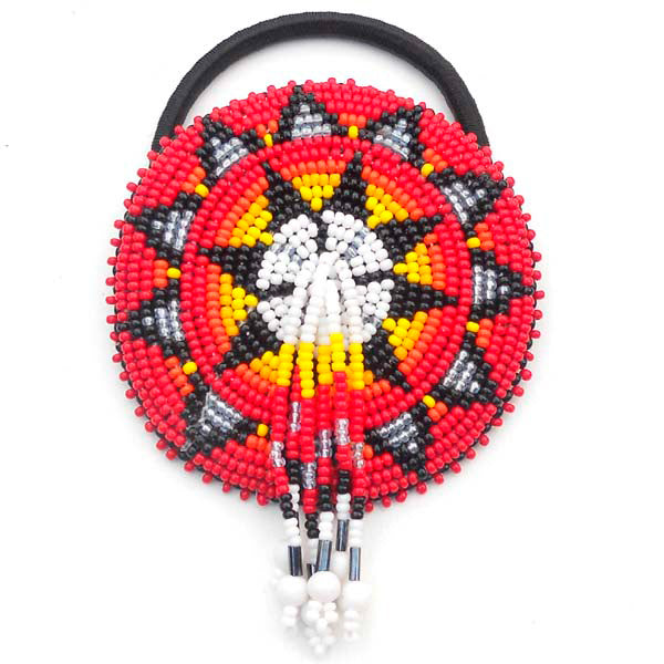 Beaded Ponytail Holder Hair Tie Red Fire Medallion Beadwork Fringe - Beaded Hair Accessories - Welcome Native