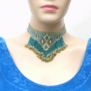Green Gold Eye Beaded Choker Bib Necklace Beaded Jewelry Handmade - Welcome Native