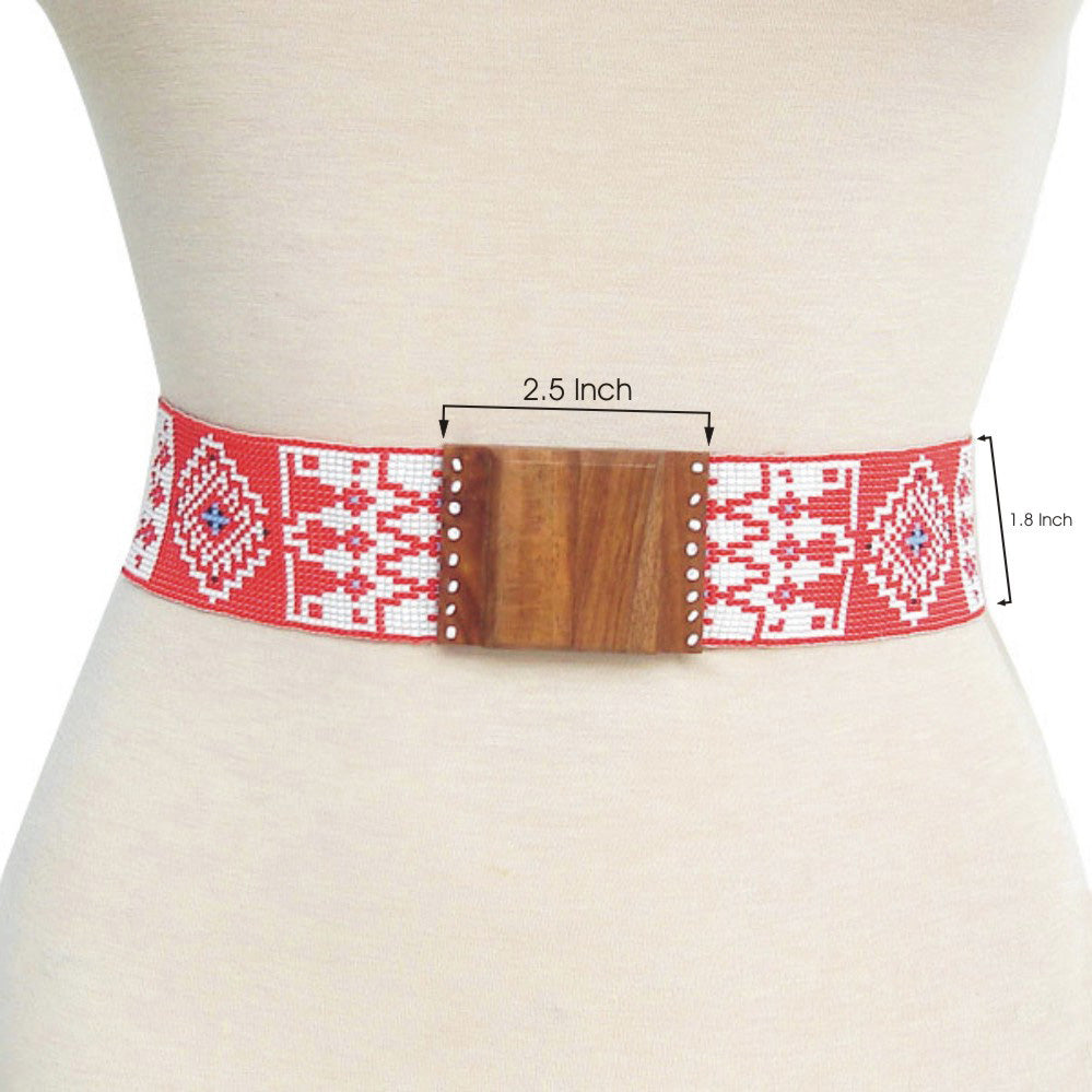 Stretchable Seed Bead Beaded Belt With Wood Buckle - Beaded Belts - Welcome Native