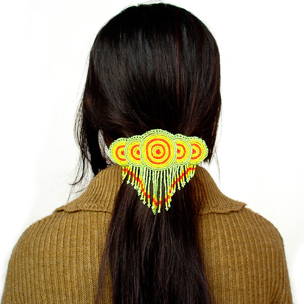 Beaded Barrette French Clip Yellow Green Rossette Fringe Beadwork - Beaded Hair Accessories - Welcome Native