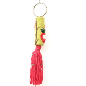 Apple Beadwork Red White Seed Beaded Key Ring Charm Leather - Welcome Native