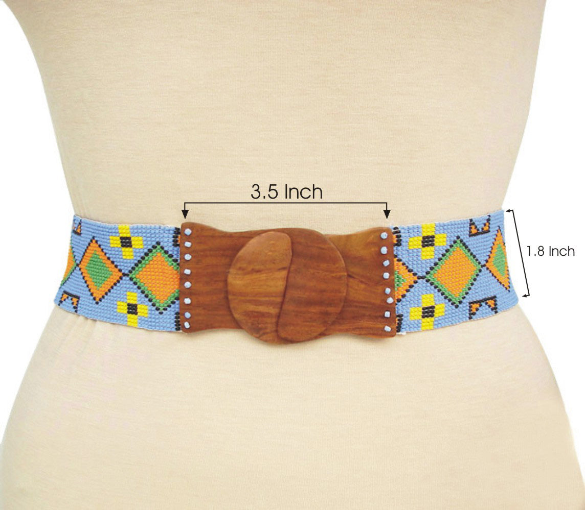 Stretchable Seed Bead Beaded Belt With Wood Buckle - Beaded Belts - Welcome Native