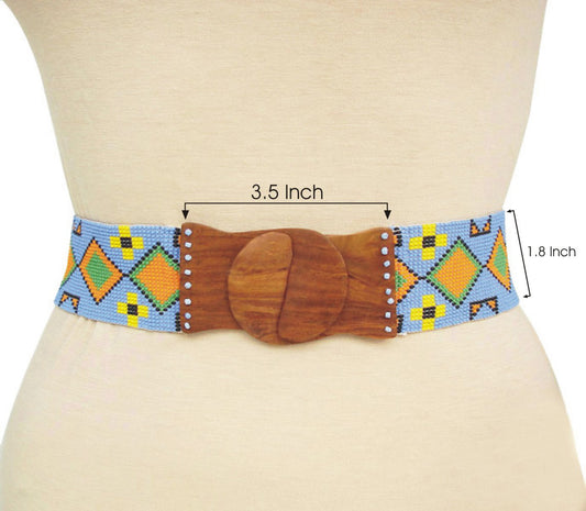 Stretchable Seed Bead Beaded Belt With Wood Buckle - Beaded Belts - Welcome Native