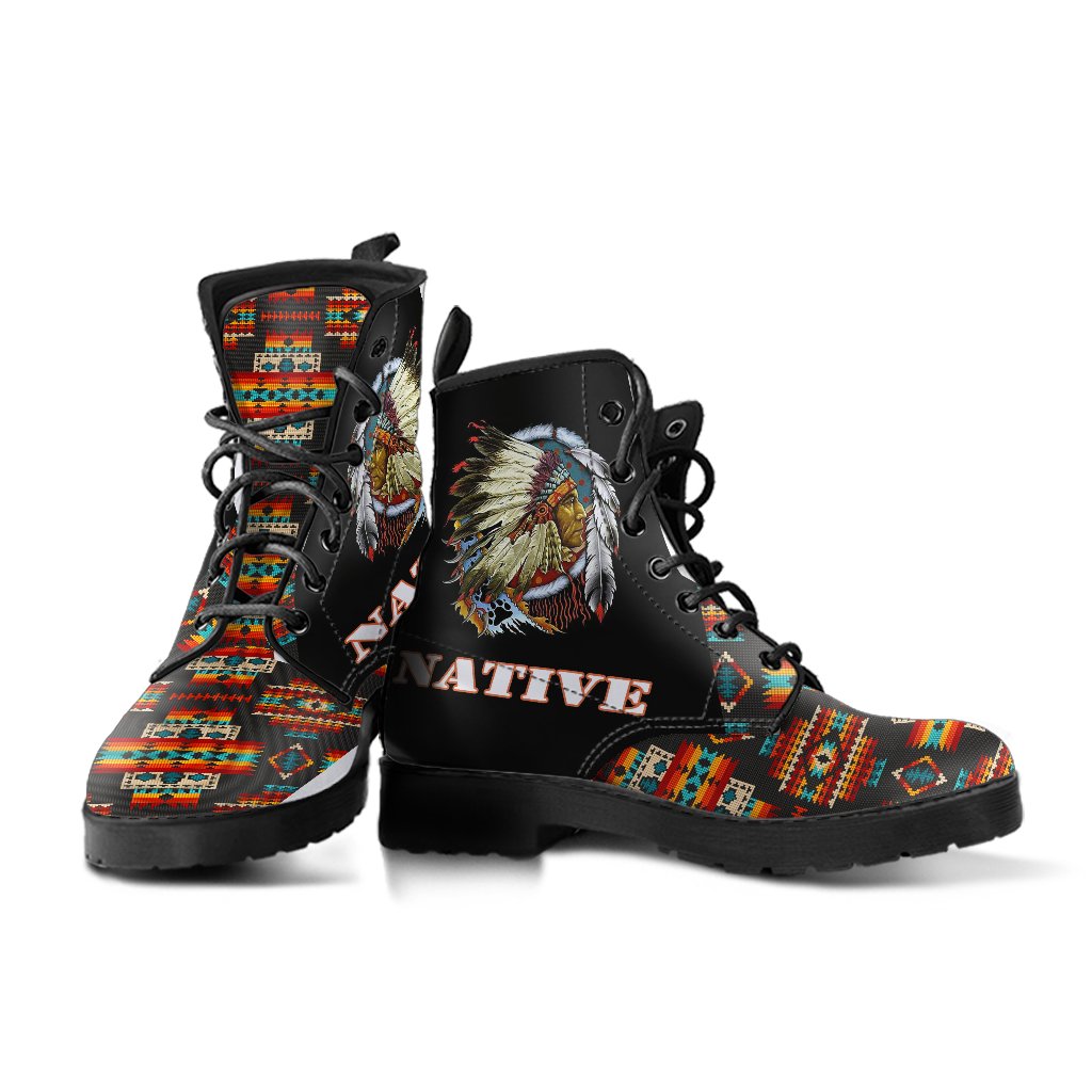 WelcomeNative Black Pattern Native Leather Boots, 3D Shoes, All Over Print Shoes