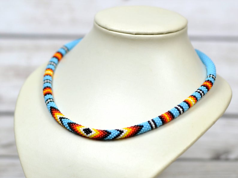 WelcomeNative Handmade Beaded Blue Choker Necklace