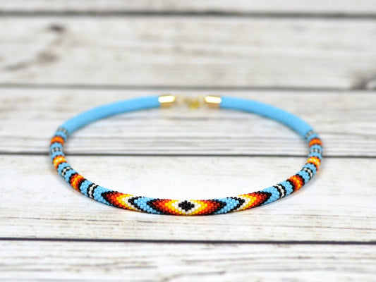 WelcomeNative Handmade Beaded Blue Choker Necklace