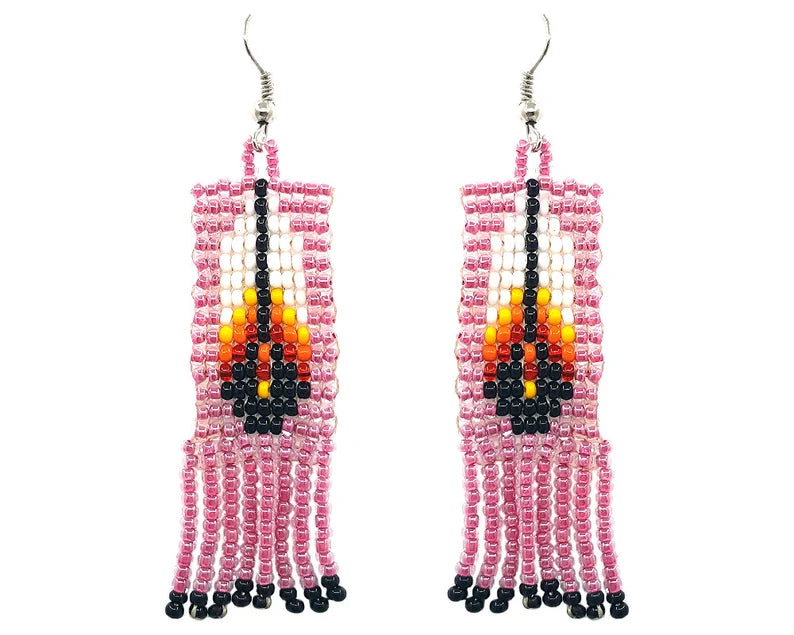 WelcomeNative Tribal Seed Bead Feather Pattern Fringe Dangle Earrings