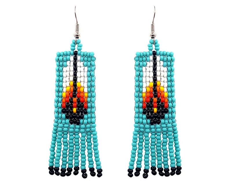 WelcomeNative Tribal Seed Bead Feather Pattern Fringe Dangle Earrings